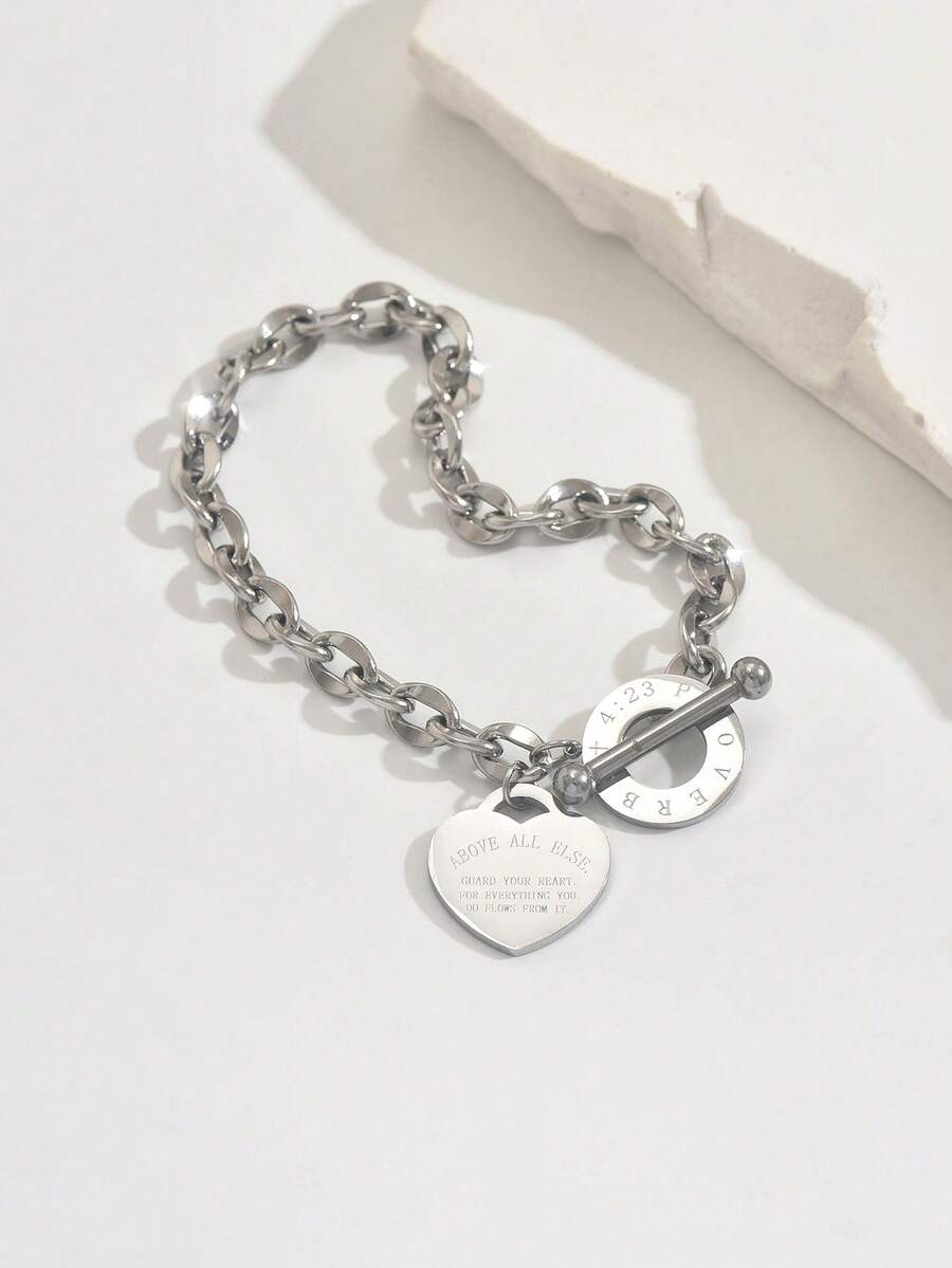 1pc Unisex Stainless Steel Heart Engraved Lip Chain Silver Bracelet, Suitable For Daily Wear, Gifts, And Casual Outfits