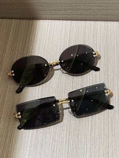 2 piezas Gafas de sol rectangulares metálicas retro sin marco, diseño clásico para uso al aire libre, viajes, playa, vacaciones y uso casual, protección UV para conducir, unisex