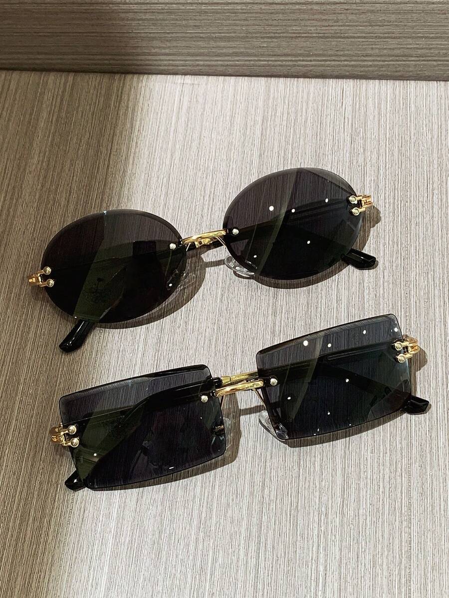 2 buah Kacamata Hitam Fashion Persegi Panjang Retro Tanpa Bingkai dari Logam, Desain Klasik untuk Perjalanan Luar Ruangan, Liburan Pantai, Pakaian Kasual, Kacamata Mengemudi Perlindungan UV Musim Panas, Unisex - Hitam - View 1