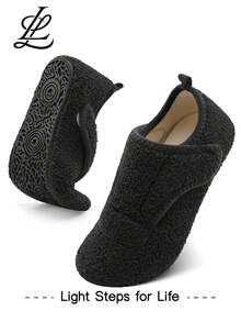 Leisfit Women's Solid Color Flat Shoes, Comfortable And Lightweight Autumn And Winter Retro Adjustable Wide Toe Warm Home Shoes, Machine Washable Indoor Slippers, Socks And Shoes - Black - View 1