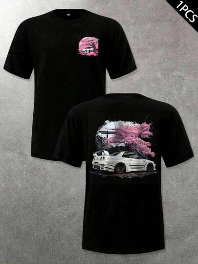 Car Sakura Japan R34 JDM Drift , Men's Double-Sided Printed Fashionable Casual Crew Neck 220gsm Pure Cotton T-Shirt(1 PC)
