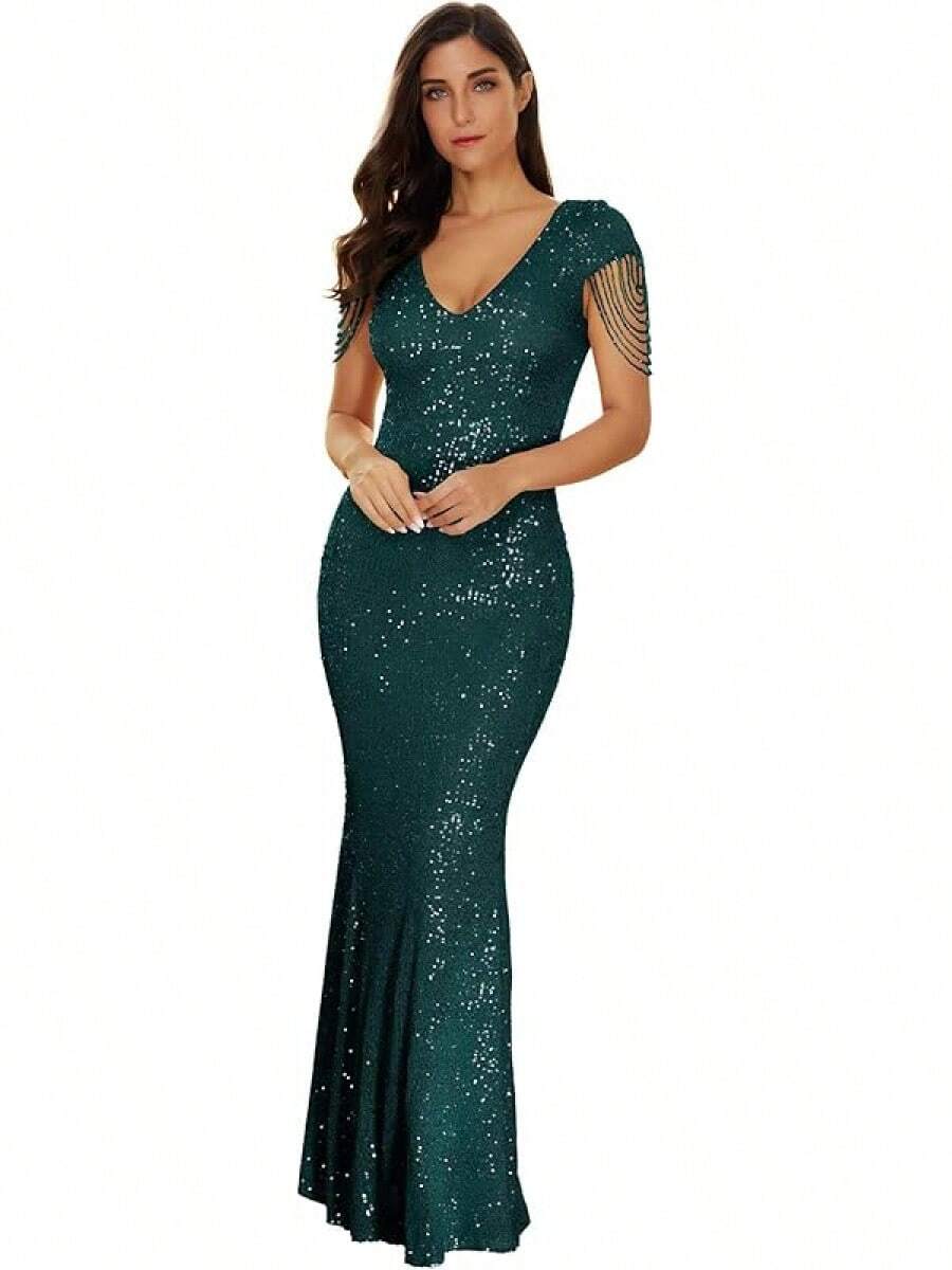Women's Sequin Formal Evening Tassel Bead Sleeve Long Maxi Party Dress, Retro Glam Style RRV9 - A-xanh lá cây - Xem 1