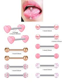 Set de 12 piezas de anillos rectos de lengua de acero inoxidable de 14G, joyería de perforación corporal, longitud de 14mm, para mujeres - Multicolor - Ver 2