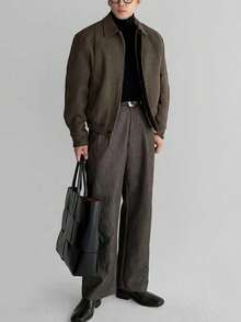 男士高品质厚重翻领羊毛混纺短款夹克，美式复古休闲时尚轻薄风衣，适合春秋冬季 - 棕色 - 查看 4