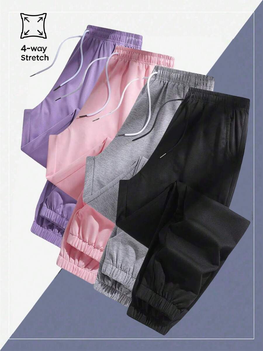 大码女式纯色运动裤，松紧腰带抽绳，拉链口袋，适合瑜伽、跑步、健身、秋季/春季 - 黑色 - 查看 1