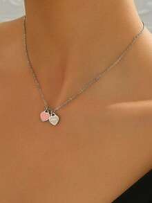 1pc Fashionable Double Heart Pendant Necklace - Double Heart + Pink Necklace - View 1