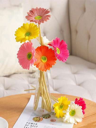 6株仿真非洲菊婚礼新娘花束派对家居办公室厨房餐桌中心装饰（白色、黄色、橙色、粉色、玫红色、珊瑚色）。适用于户外花园装饰、室内外装饰、花瓶装饰、假植物、四季装饰。