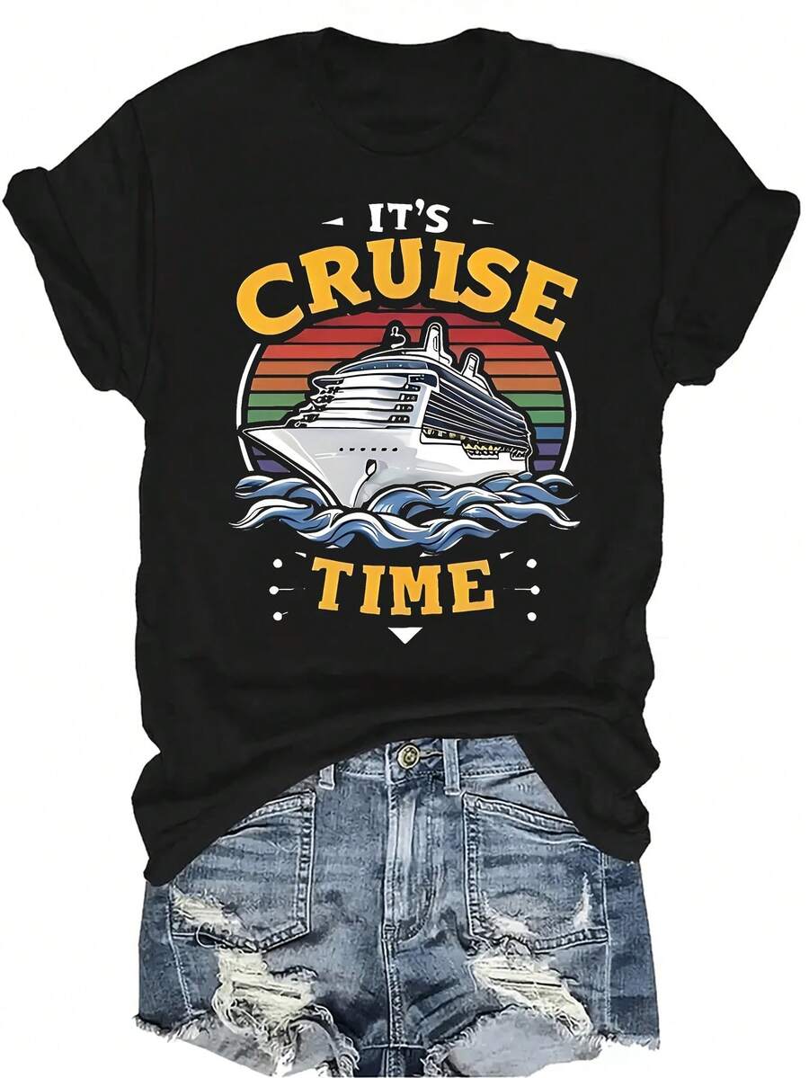 Camiseta con letras y patrones divertidos, unisex, de verano, casual, transpirable, con personalidad, cuello redondo, manga corta, ropa de calle, versátil, adecuada para adolescentes y adultos - Negro - Ver 1