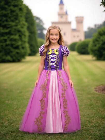 Young Girls Puff Sleeve Off-Shoulder Gold Foil Print Square Neck Purple Party Dress, Gold Foil Print Dress, Dress With Brooch, Suitable For Outings, Gatherings, Stage Performances And Other Major Events