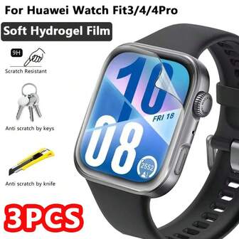 غشاء واقي هيدروجيل متوافق مع ساعة Watch Fit 3 /4 /4Pro، غطاء شاشة واقي شفاف ناعم، ليس من الزجاج، مرن من مادة TPU فائقة النحافة، مقاوم للخدش، بوضوح عالي، خالي من الفقاعات، سهل التركيب، يغطي الشاشة بالكامل