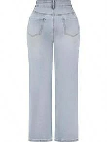 THUNDER Womens High Waisted Wide Leg Jeans Stretchy Distressed Pants - 1# Biru Muda - View 2