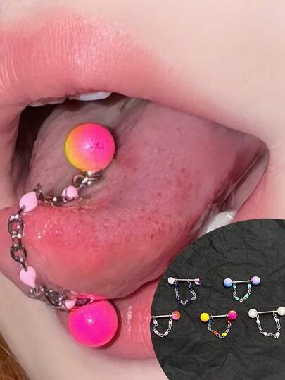 Colorful Hypoallergenic Stainless Steel Tongue Studs Gothic Piercing Chain Punk Tongue Studs Unique Statement Tongue Rings Surgical Steel Body Piercing Jewelry For Women