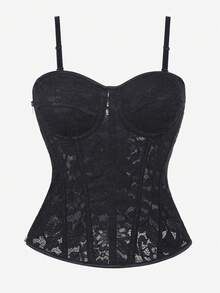 女士蕾丝紧身胸衣，黑色蕾丝网状塑形可爱吊带背心，可调节细肩带，包胸紧身胸衣，侧拉链 - 黑色 - 查看 1
