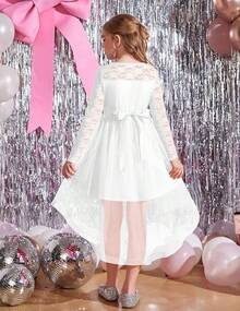 Flower Girl Long Sleeve Lace Tutu Dress High Low Hem Flowy Formal Wedding Party Dress - 白色 - 查看 4