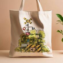 1pc Railway Crossing Canvas Tote Bag - Reusable Grocery Bag With Vintage Train Design, 13.8x15.8 Durable Polyester Canvas, Leak-Proof Shopping, Commuting, Beach & Travel - Train Enthusiasts, Large Travel Tote Bag, Railway Crossing Design