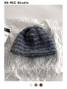 1pc Sequin Stripe Beanie Hat For Women, Fashionable Autumn/Winter Item, Wool Blend Retro Style Knit Cap, Versatile Petite Fit Textured Knit Hat, Streetwear Skateboard Dance Headwear - Multicolor - View 17