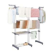 Oak&Tea Tour de séchage extensible en acier allié (74-147 cm) - 6 ailes pliables sur 3 niveaux, pliable et stable pour une utilisation intérieure/extérieure - Hauteur réglable jusqu'à 176 cm - Gris - Voir 7