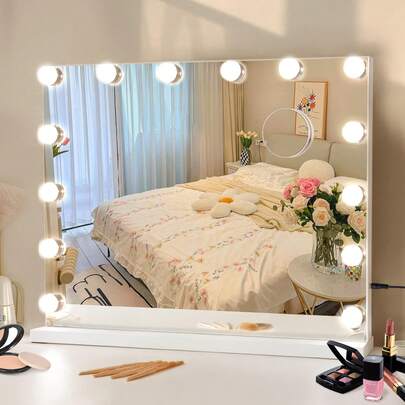 Sour Lemon Espejo de maquillaje con iluminación de 58 x 46 cm, 15 LED, 3 modos de iluminación, aumento de 10x, para mesa o pared, tocador o baño, perfecto para mujeres.