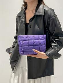 Bolsa de maquillaje con patrón de cuadrícula de moda, embrague casual, bolsa acolchada y cálida con costura elástica, organizador de maquillaje, bolsa de maquillaje pequeña y acogedora para - Morado - Ver 8