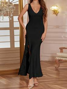 WOWDARK Women's V-Neck Ruffle Hem Slit Solid Color Dress, Suitable For Valentine's Day, Dates, Gatherings, Parties, Travel, Vacation, Beach And Other Occasions - 黑色 - 查看 2