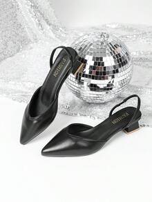 Zapatos de tacón alto puntiagudos de color sólido para mujer, tacones altos con tiras elásticas y tacón grueso, elegantes y dignos, a la moda, adecuados para fiestas de citas de San Valentín y Año Nuevo. - Negro - Ver 1