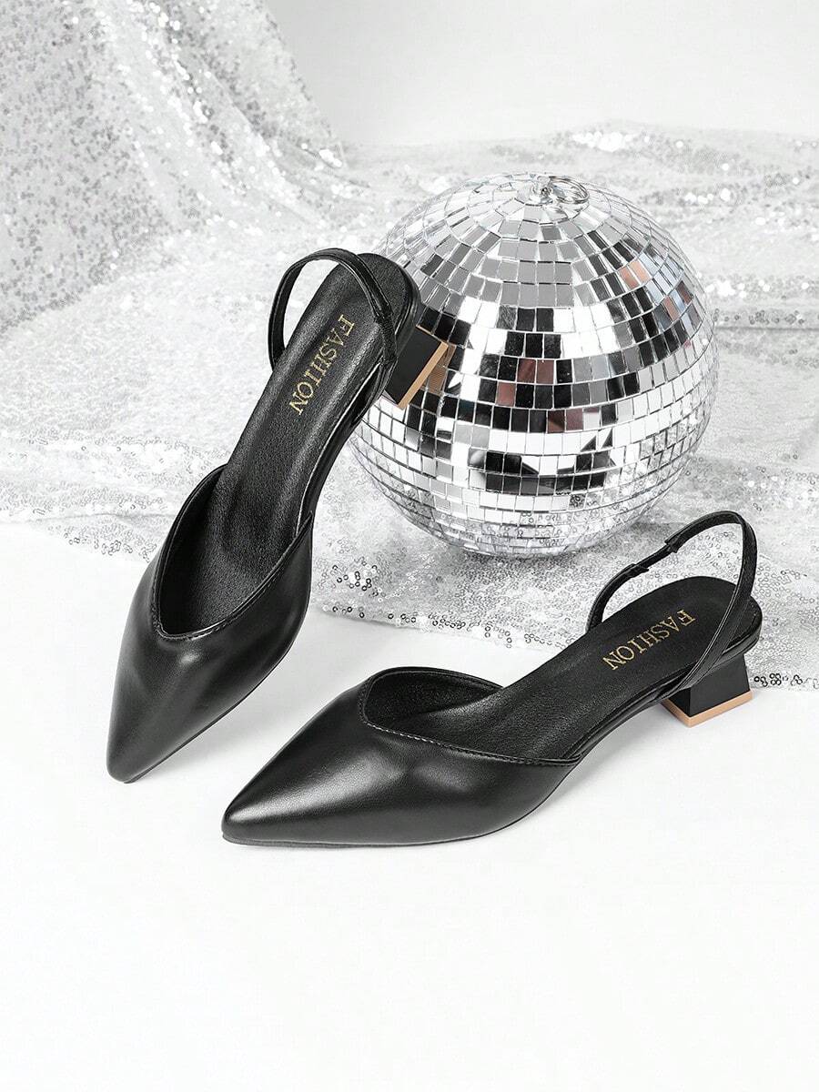 Zapatos de tacón alto puntiagudos de color sólido para mujer, tacones altos con tiras elásticas y tacón grueso, elegantes y dignos, a la moda, adecuados para fiestas de citas de San Valentín y Año Nuevo. - Negro - Ver 1