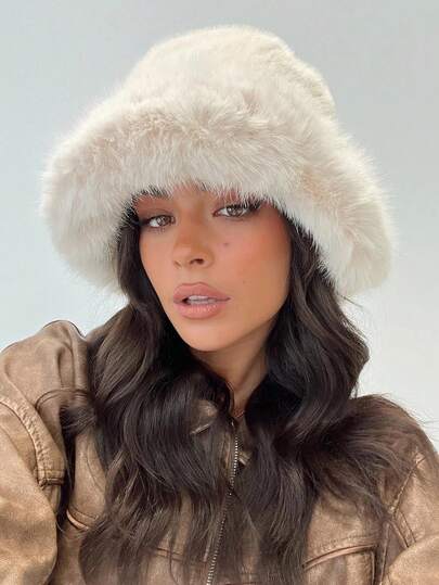 Chapéu Bucket Feminino de Aba Larga e Peludo, Chapéu Bucket Fofo e Quente para o Inverno, Conforto Moderno, Adequado para o Uso Urbano. Outono