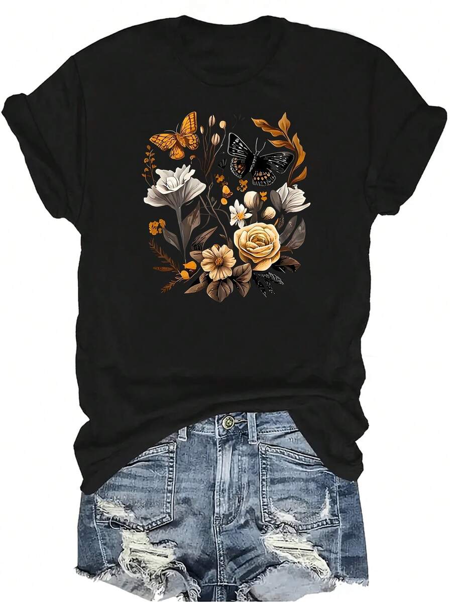 Camiseta unisex de verano con estampado floral y mariposa, de estilo casual y transpirable, con cuello redondo y manga corta, versátil y adecuada para adolescentes y adultos - Negro - Ver 1