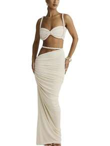 Wuitrie Sexy Two Piece Skirt Set For Women Summer Sexy Camisole And Slim Hip Long Skirt Solid Colour Maxi Skirts Setshalloween - 白色 - 查看 1