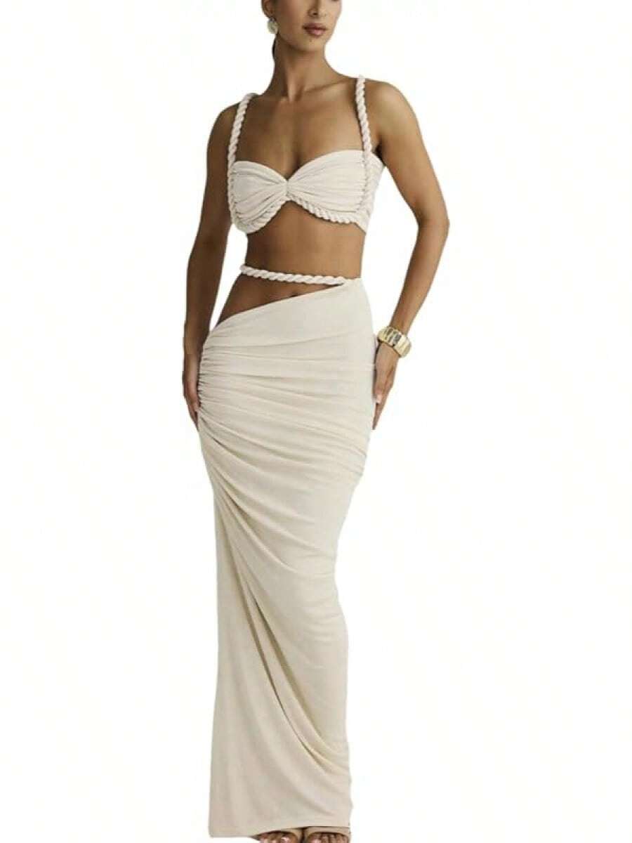 Wuitrie Sexy Two Piece Skirt Set For Women Summer Sexy Camisole And Slim Hip Long Skirt Solid Colour Maxi Skirts Setshalloween - 白色 - 查看 1