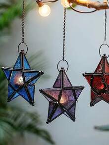 European Retro Style Color Windproof Glass Candle Holder, Pentagram Iron Hanging Embossed Glass Candle Holder ( Candles Not Included ), Holiday Atmosphere Atmosphere Home Decoration Pendant Glass Star Lantern Hanging Ornaments - Tea Light Lantern Window Hangings Living Room Patio Balcony Decoration Vintage