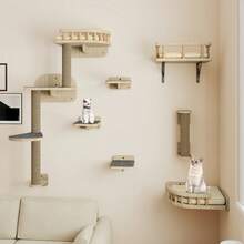 BALCONERA 7-Piece Wooden Cat Climbing Wall Set – Sturdy Cat Furniture With Scratching Posts, Corner Platform, Stair Climber & Cat Bed, Ideal For Cats To Sleep, Play & Lounge - Màu be - Xem 2