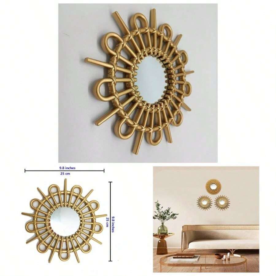 Gold Mirrors Wall Pack Of 1. Round Mirrors. Blade Shape. Decorative Mirrors. Wall Mirrors Decor Home Decor. Plastic Frames. Glass Mirrors. Gold Color.