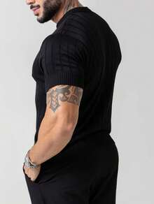 TRICOT DE LUXO Men's Lightweight Textured Knit T-Shirt, High Quality, Spring, Summer, Autumn, Premium Quality - 黑色 - 查看 4