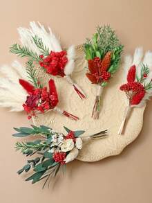 5 Pces Boho Dried Pampas Grass Bouquet Mini Various Natural Dried Flower Combinations With Stem Dried Embossing Flower Dry Floral Arrangement For Vase, Carfts, DIY, Wedding, Christmas & Home Decor