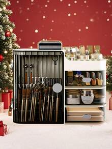 Makeup Storage Box And  Care Product Storage Box, A High-Capacity Cosmetic Storage Solution. Cosmetic Storage Cabinet With 3 Drawers And Mirrors, Cosmetic Display Case Bathroom Cosmetic Organizer, Table And Drawer Organizer For Home Storage - dark black - 查看 2