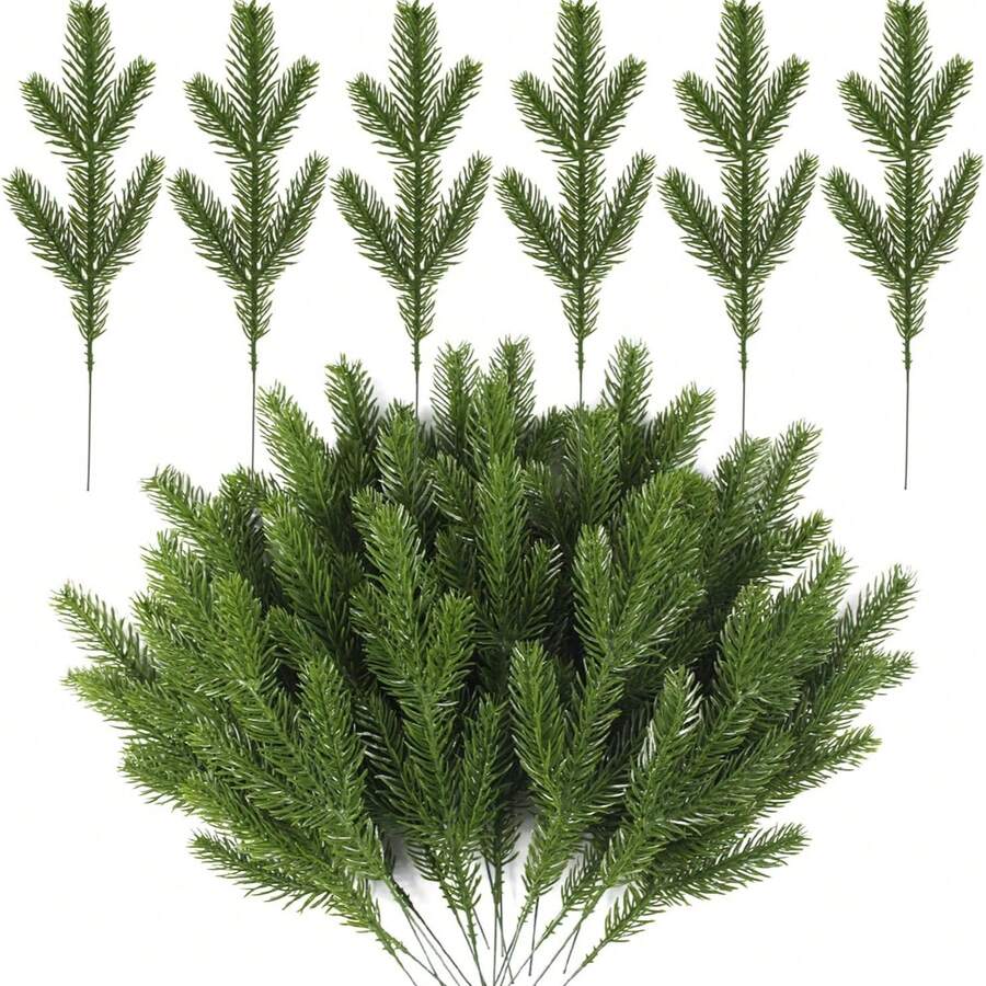 30/60/90pcs Realistic Artificial Snow Cedar Branches, Fake Cedar Twigs, Christmas Greenery Branches, Pine Branches Decor, Faux Evergreen Pine Branches, Artificial Flowers, Christmas Tree Decor Fake Plants, DIY Bouquet, Wreath Supplies, Candy Box Accessories, Home & Wedding Decoration - Green 2 - View 1