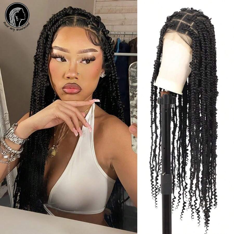 Square Knotless Butterfly Box Braided Wigs With Boho Curls For Women 36 Inches Full Double Lace Frontal Wig With Baby Hair Natural Parting Synthetic Braiding Wigs Daily Used