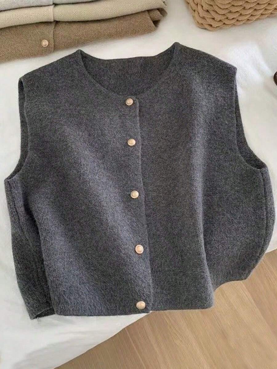 Cárdigan sin mangas tejido elegante de estilo coreano para mujer, blusa casual y moderna, fácil de combinar para un look de calle - Gris - Ver 1