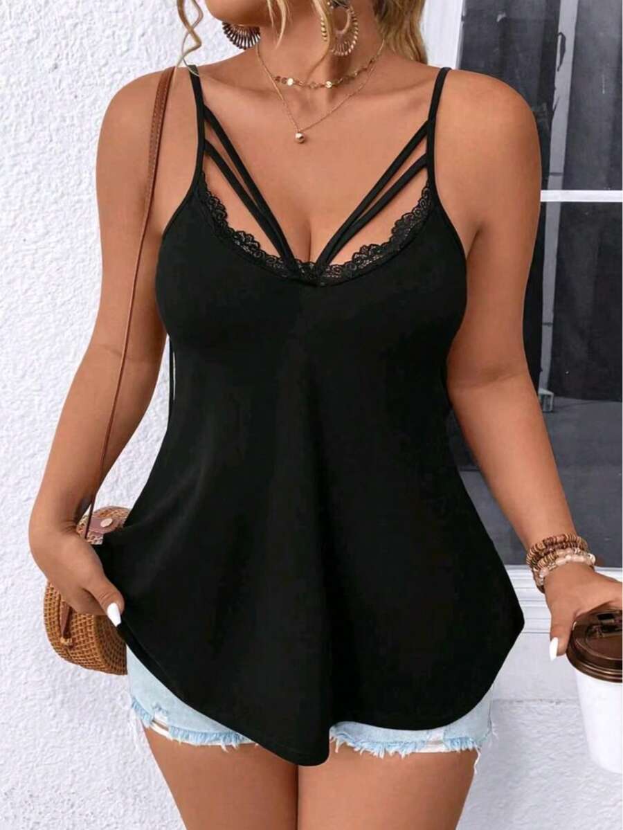 Elegant Lace Patchwork Hollow Out Camisole Tank Top | Plus Size Summer Clothes | Daily Vacation Comfortable Wear - 黑色 - 查看 1