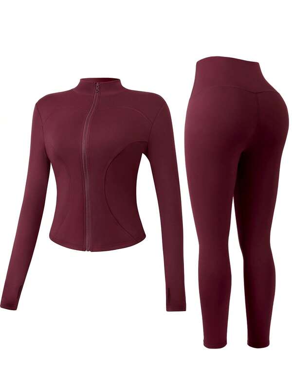 NcmRyu 1 Set Women's Elastic Solid Color Sexy Long Sleeve & Long Pants Sports Suit