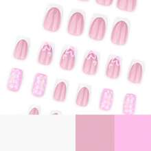 Square Press On Nails Medium Fake Nails White French Tip False Nails With Flower Heart Design Glue On Nails Pink Acrylic Nails Glossy Full Cover Stick On Nails For Women Manicure 24Pcs - 白色尖端 - 查看 4