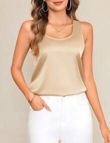 Women Silk Satin Scoop Neck Sleeveless Tops Casual Summer MBYO - 香檳酒 - 查看 6