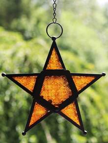 European Retro Style Color Windproof Glass Candle Holder, Pentagram Iron Hanging Embossed Glass Candle Holder ( Candles Not Included ), Holiday Atmosphere Atmosphere Home Decoration Pendant Glass Star Lantern Hanging Ornaments - Tea Light Lantern Window Hangings Living Room Patio Balcony Decoration Vintage