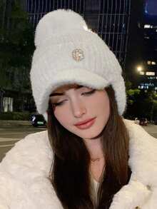 1pc Women Outdoor Cycling Warm Winter Knitted Fur Lining G Letter Plain Color Windproof Earflap Hat, Suitable For Snow Sports And Daily Use - Multicolor - View 26