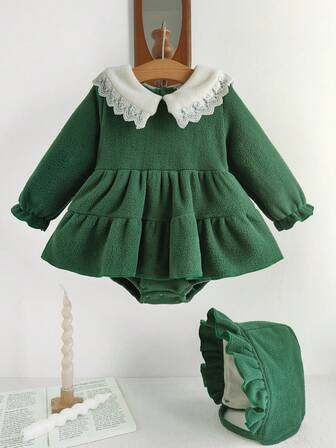 秋季宝宝复古绿色蕾丝领+荷叶边帽，甜美婴儿户外服装