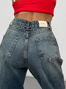 SQUALO Women's Wide Leg Color With Pocket Details Destroyed Retro Washed Street Style Jeans Ripped And Cutout Wide Leg Jeans - Biru - View 2