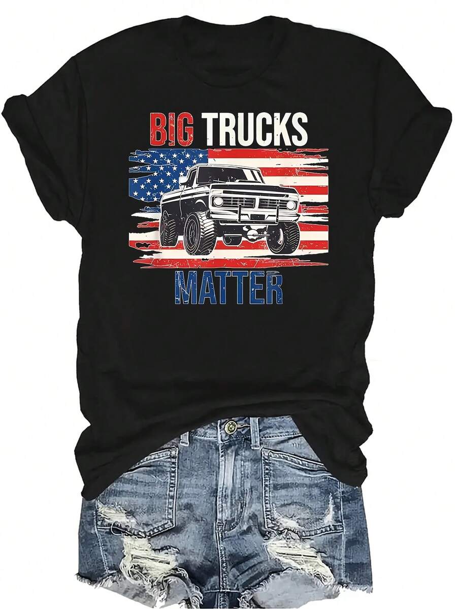 Camiseta divertida "Los camiones grandes importan" para mujer y unisex, de verano, casual, transpirable, con personalidad, cuello redondo, manga corta, ropa de calle, versátil, adecuada para adolescentes y adultos - Negro - Ver 1
