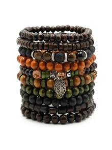 10pcs/Set Bohemian Style Wooden Bead, Sea Turtle, Coconut, Turquoise Bracelet Set, Suitable For Men's Daily Wear