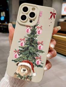 1 pieza Funda de teléfono suave beige con diseño personalizado de sombrero de Papá Noel y oso, compatible con iPhone 16/16Pro/16Plus/15/15ProMax/15Pro/11/12/13/14ProMax/12Mini/13Mini/11Pro/11ProMax/12Pro/12ProMax/13Pro/13ProMax/14Pro/14ProMax, diseño creativo de alta gama